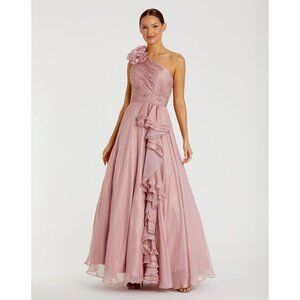 Mac Duggal Size 10 Pink Iridescent One Shoulder Rosette Ruffled Gown Dress New